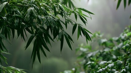 Naklejka premium Green bamboo leaves glisten with raindrops against a soft misty forest backdrop evoking calm and natural beauty