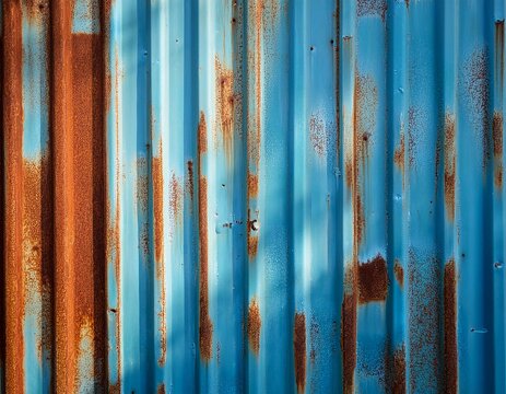 rusty corrugated metal wall with blue paint texture
