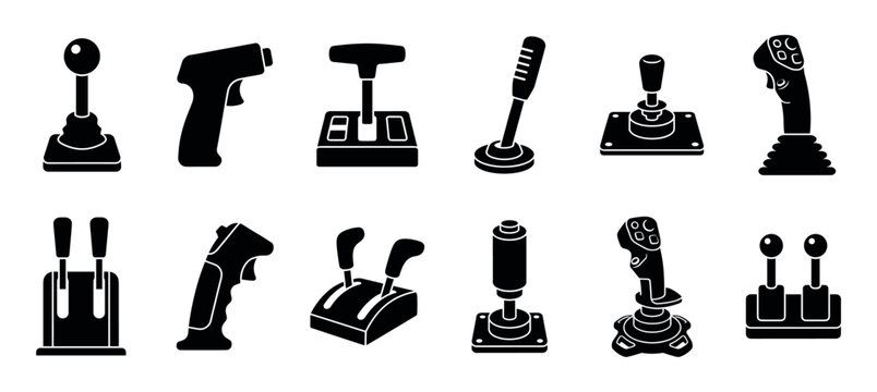 Collection of black joystick and lever icons representing various control devices for gaming, aviation, and industrial machinery in a flat silhouette graphic style