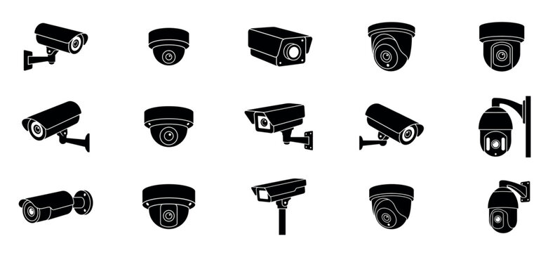 Set of black security camera icons showing various types of surveillance equipment for monitoring and protection, including dome and bullet models in a simple graphic style