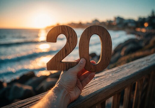 Hand Holding Wooden Number 20 at Sunset Beachside Celebration