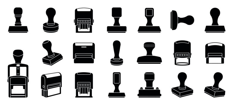 Large collection of black rubber stamp icons including various self-inking, date, and traditional hand seal models shown in a simple silhouette vector graphic style