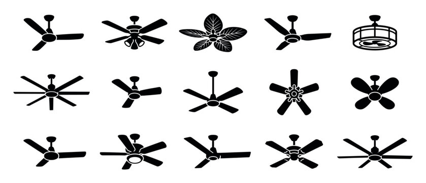 Collection of black ceiling fan silhouettes in various designs and styles, including modern, classic, and decorative models for home interior ventilation and cooling systems