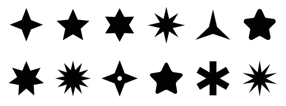 Set of twelve different black star silhouettes with various pointed and rounded shapes, a collection of minimalist geometric icons for rating, decoration, or graphic elements