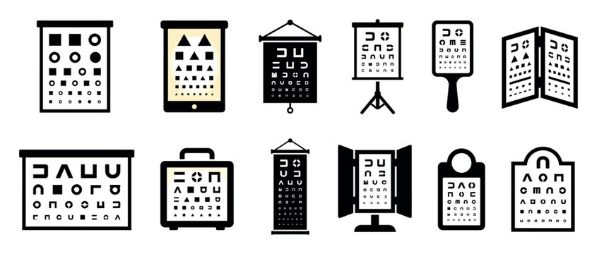 Collection of black eye chart icons for vision testing and optometry examinations, featuring various optotypes like symbols, shapes, and Landolt C rings in different formats