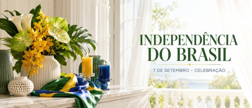 Brazil Independence Day celebration with vibrant decor and flag in elegant setting.