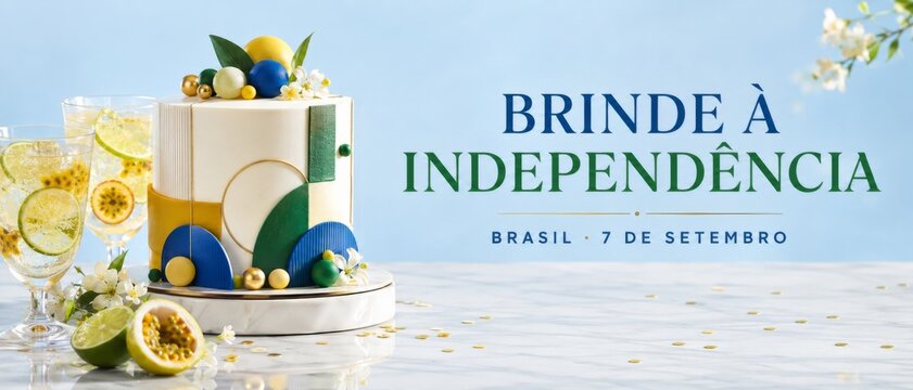 Brazil Independence Day celebration scene with decorative cake and flowers