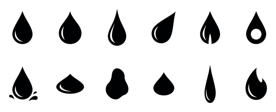 Collection of twelve black liquid drop icons showing different forms of droplets, including simple teardrops, splashing water, oil drips, and abstract fluid shapes in a clean silhouette style
