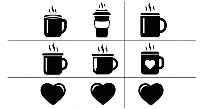 Nine assorted steaming coffee mugs and cups icons arranged in tic tac toe grid for beverage concept