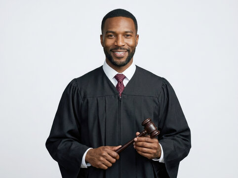Smiling male judge in black robe holding wooden gavel in studio