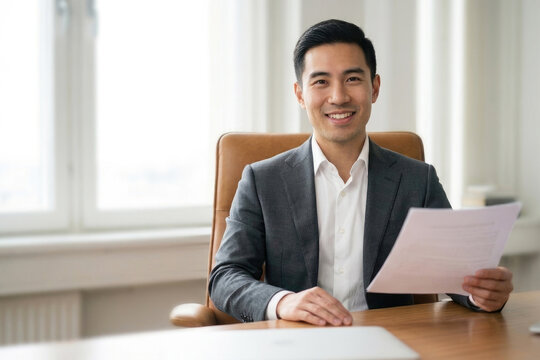 Asian businessman sitting at office desk holding contract document