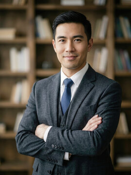 Asian male attorney standing with arms crossed in law library