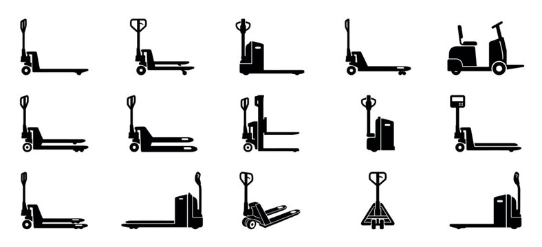 Set of fifteen black silhouette icons depicting various manual and electric pallet jacks, stackers, and forklifts used for warehouse logistics and material handling