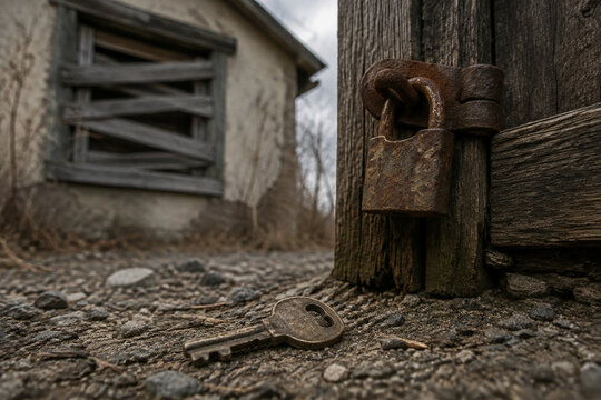 Tarnished house key in gravel, rusted padlock and boarded window, dispossession and foreclosure concept