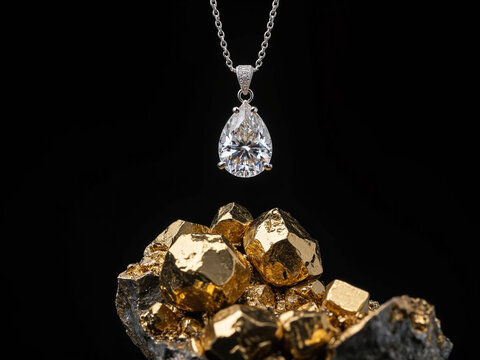 luxurious diamond pendant necklace with teardrop diamond on delicate silver chain, raw gold and pyrite crystal cluster, close