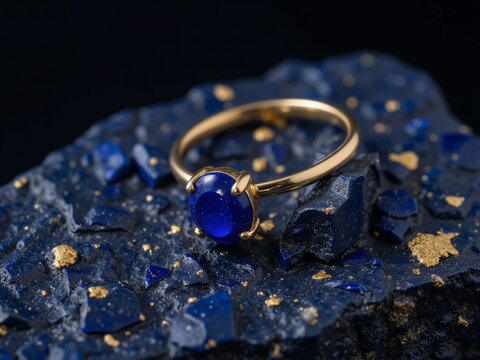 luxurious gold ring with a sparkling blue gemstone close up, dark textured background and dramatic lighting contrast