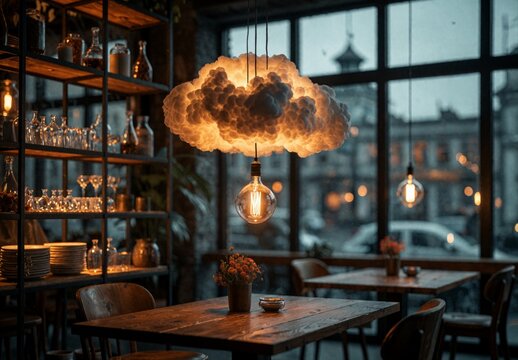 Cozy Cafe Interior with Cloud Light Hanging Over Wooden Table