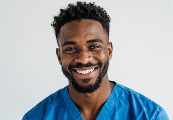 Fototapeta premium Smiling African American Male Doctor in Blue Scrubs Portrait