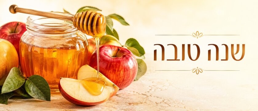 Rosh Hashanah honey and apples with Hebrew text on a light background
