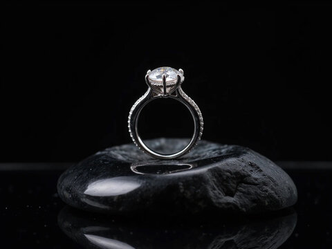 elegant silver engagement ring with large sparkling diamond solitaire and intricate band, close up on dark reflective surface