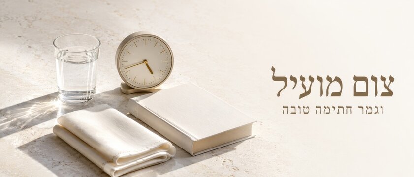Yom Kippur fasting items with water, prayer book, and cloth on bright surface