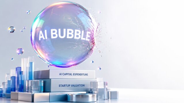 AI bubble concept with bursting bubble over financial books, illustrating tech market volatility
