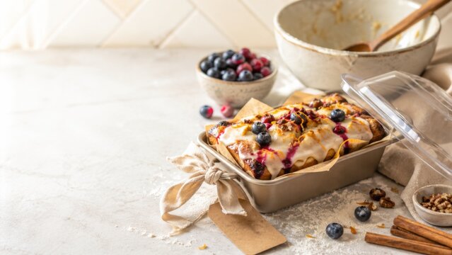 Freshly baked handmade fruit cake with icing and berries, perfect for gifting, background