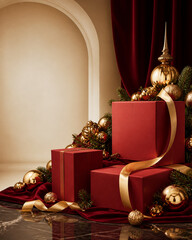 Naklejka premium Gifts and presents sit among festive decor, red boxes with gold ribbon and ornaments, creating a warm christmas scene for celebration and holiday gift presentation.