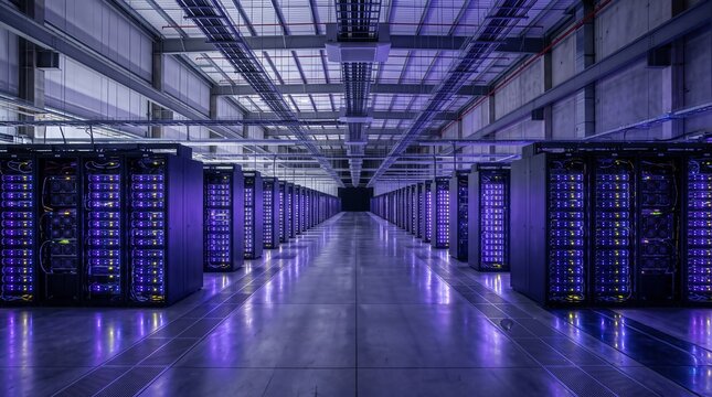 GPU Cluster With a Vast Hall of Server Racks and Purple Blue LED Fronts Stretching to a Vanishing Point Over a Polished Reflective Floor