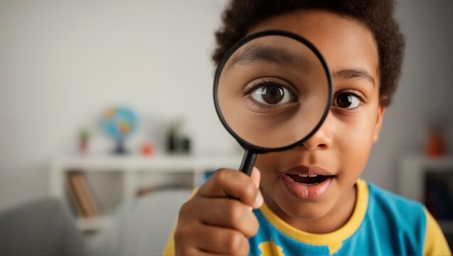 Curious African American boy looking through a magnifying glass. Childhood education, science, and discovery. Student exploring with a magnifier