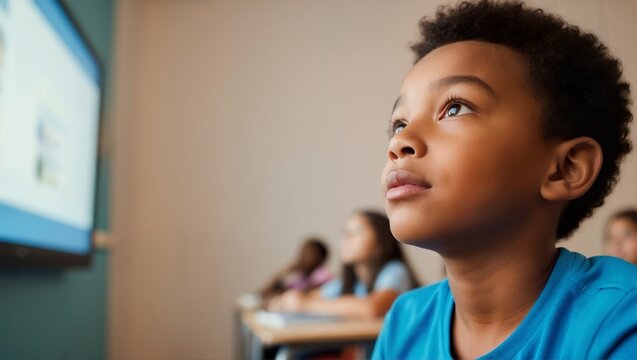 Young African American boy focused on screen in classroom. Engaged student learning with technology. Modern education and e-learning for children