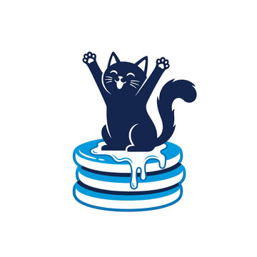 A happy cartoon cat with raised paws sits on a stack of pancakes with dripping syrup.