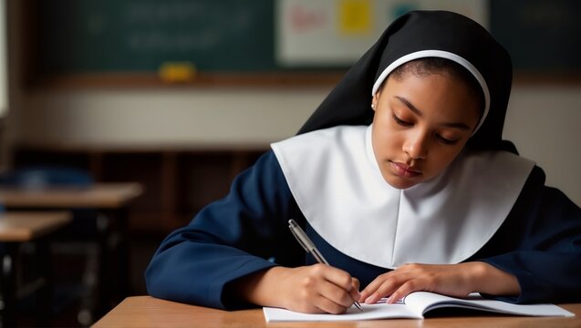 Young Black nun writing in notebook in classroom. Novice sister studying theology. Religious education