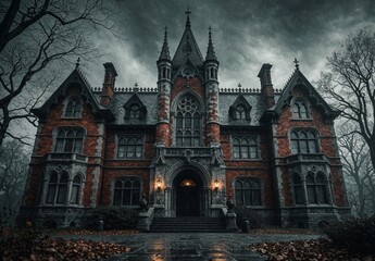Obraz premium Spooky Haunted Mansion at Night with Foggy Atmosphere