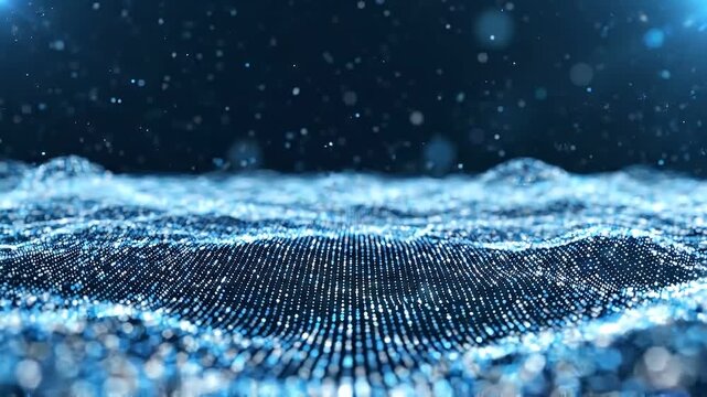 Abstract blue particle wave digital technology background with bokeh lights and glowing mesh