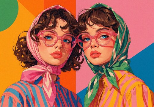 Retro Pop Art Portrait of Two Women with Headscarves and Glasses