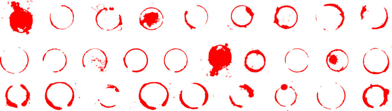Large set of red wine or coffee cup stain rings and circular ink splatters isolated on white background