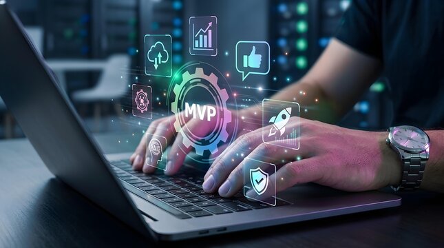MVP development concept shown by software engineer typing on laptop computer with holographic digital icons and futuristic user interface elements