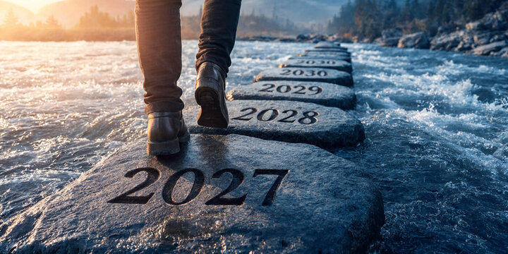 Person walking on stone stepping stones engraved with future years across a flowing river