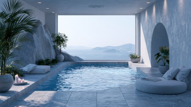 Luxurious indoor swimming pool with panoramic sea view, natural rock wall, and minimal modern interior design, creating a tranquil spalike retreat