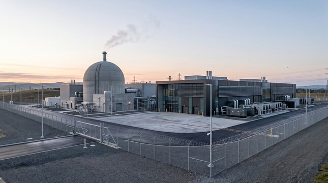 Small Modular Reactor Data Center Dome Next to a Dark Modern Facility With External Cooling Units Razor Wire Fence and Clean Paved Yard at Dawn