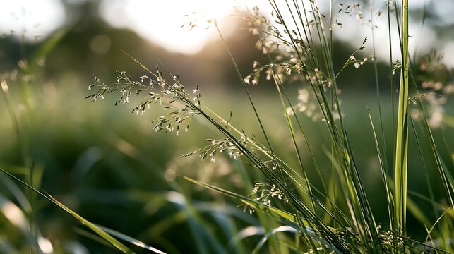 Poa pratensis, Kentucky bluegrass and meadow grass in golden sunset light