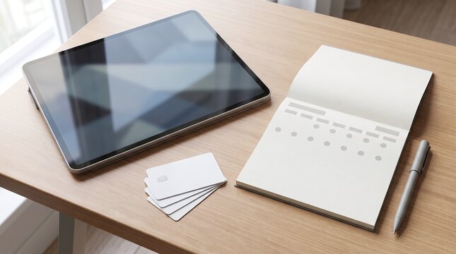 Desk setup: Tablet, notebook, cards, and pen