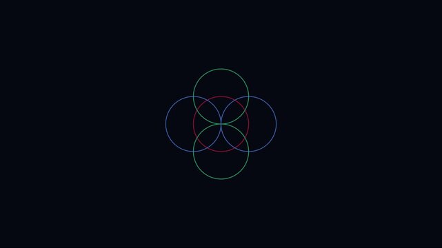 Abstract geometric motion with intersecting colorful circles on dark animation 4k background intersection