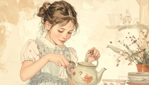 髪をまとめた少女がアンティークな台所でティーポットからお茶を注ぐ色鉛筆イラスト