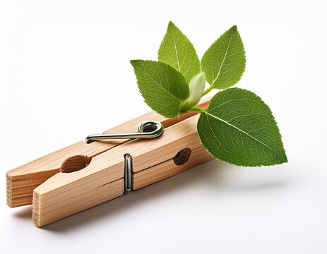 wooden clothespin holding green plant stem isolated on white background