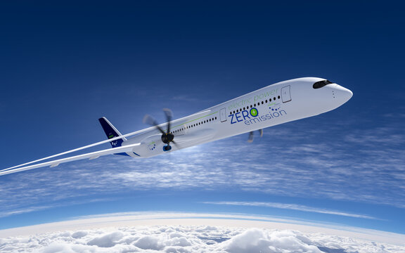electric powered commercial Aeroplane flying in the sky - future electro energy aviation concept.