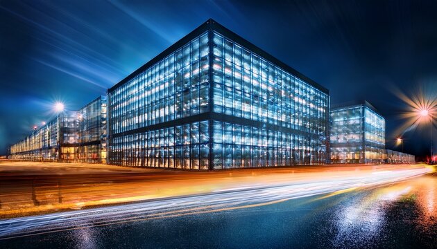 modern data center exterior at night glass facade revealing server racks and network lights urban technology mood with motion blur traffic streaks