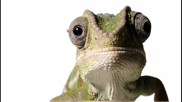 close-up video of a green chameleon head looking forward against a pure, seamless white background. The chameleon's large, textured eye turrets rotate independently in smooth