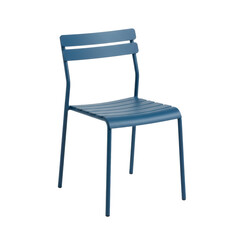 Fototapeta premium Modern blue metal outdoor chair with slatted seat and tubular legs on transparent studio background, showcasing minimalist industrial furniture design